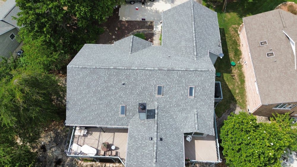 Completed residential roof — aerial drone view